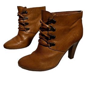 Sandro Paris Womens Sz 38 EU US 7 Brown Leather Lace Up Ankle Moto Boots Heels